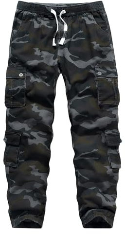 APTRO Herren Cargo Hose Camouflage Hose Elastische Taille Arbeitshose Lange Baumwolle Leichte Hose mit 8 Tachen LT40 Camo Schwarz XL