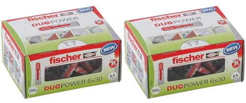 fischer DuoPower 6 x 30, Powerful Universal Plug with Intelligent 2-Component Technology for fastenings in Concrete, Bricks, Gypsum plasterboard, chipboard, etc., 100 Plugs Without Screws (Pack of 2)