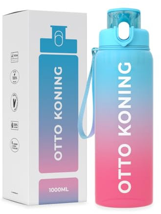 Otto Koning Borraccia 1 Litro Palestra Borracce Fitness Antigoccia, Bottiglia Acqua BPA Free con Apertura Un Pulsante, Spazzola Pulizia Inclusa - Per Scuola, Ufficio, Sport