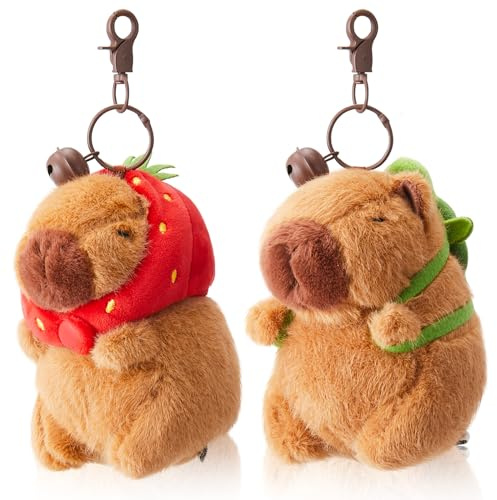 Simgoing 2 Pcs Capybara Plush Keychain Capybara Stuffed Animals Plush Pendant for Graduation Exchange Birthday Party(Turtle Bag, Strawberry Hood)