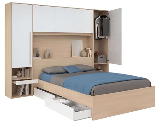 Miroytengo Pack Dormitorio Completo John Cama con cajones y Cabecero Puente Roble Brooklyn y Blanco Shiny (Cama de 160x200 cm)