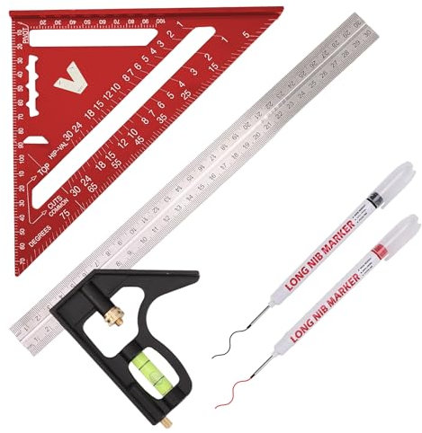 Escuadra de carpintero, juego de regla triangular de 18 cm y combinaciones de 30 cm, incluye marcas de agujeros profundos, medición de ángulo de aluminio de alta precisión para carpinteros (rojo)