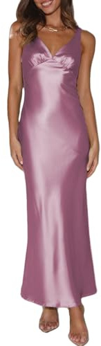 Womens Elegant Satin V Neck Backless Sleeveless Maxi Dress Silk Tie Low Back Formal Cocktail Dresses Wedding Guest Rose