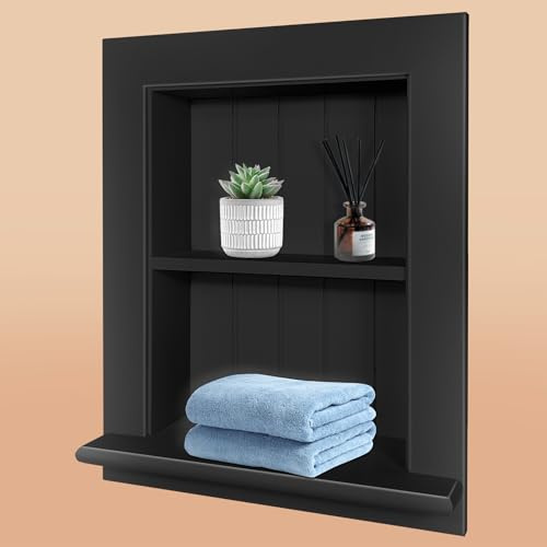 Royxen Recessed Medicine Cabinet 14 x 18 Inch, Medicine Cabinets, Large Medicine Cabinet, 2-Tier Bathroom Cabinets Wall Mount for Home Storage,Black