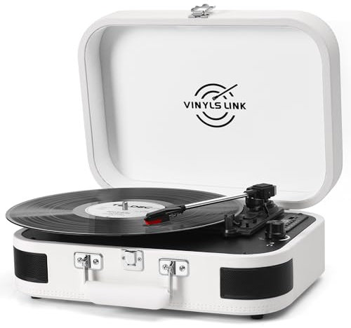VINYLS LINK Vinylskivspelare 3 hastigheter Bluetooth skivspelare bälte kör LP spela bärbar resväska skivspelare inbyggd högtalare med EQ-läge USB-inspelning RCA-utgång/AUX-ingång hörlursuttag vit