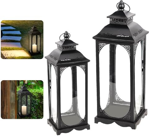 Caossuixin 2er Laternen Set, Windlicht Metall Schwarz für Kerzen Deko, H 34/50 cm Outdoor Grablaterne Friedhof Wetterfest Laternen, Drinnen Gartenlaterne Weihnachtstag, Vintage Halloween Kerzenhalter