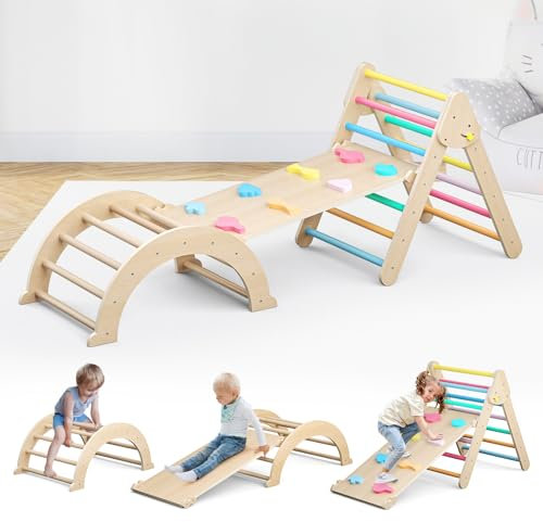 Giocattoli da arrampicata 7in1 per bambini,scale da arrampicata in legno,struttura da arrampicata pieghevole con scivolo,set da gioco da interno Montessori per bambini da1 a 3 anni (Arcobaleno-3 in 1)