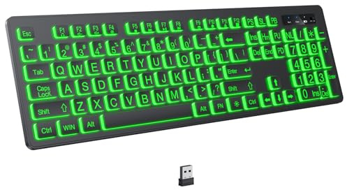 KOPJIPPOM Large Print Backlit Wireless Keyboard, 2.4G Silent Wireless Light Up Keyboard, Full Size Computer Keyboards with 7 Colored Backlits, Rechargeable Keyboards for Windows, PC, Laptop