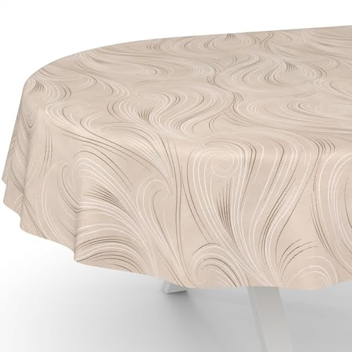 ANRO Mantel de Hule fácil de Lavar, para Mesa de jardín, Abstracto, Color Beis, Ovalado, 180 x 140 cm, Borde Cortado