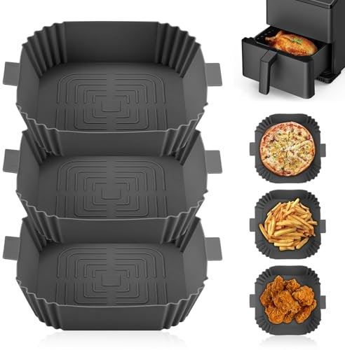 3 Teglie in Silicone per Friggitrice ad Aria – Accessori per Friggitrice ad Aria, 19,5×19,5×5 cm, Capacità per Unità 1.6 L, Teglia Riusabile per Airfryer, per Friggitrice, Forno, Microonde