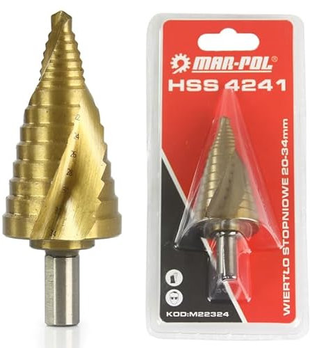 Broca HSS escalonada en espiral | para taladro | Graduada | Rango diámetro 20-34 mm | Casquillo 10 mm | Graduación cada 2 mm