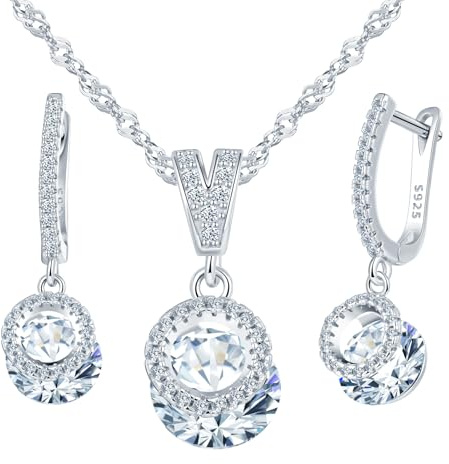 MICMIF Set di Collana e Orecchini Zircone, Parure Gioielli in Argento 925 per Donna, Orecchini Pendenti Rotondi a Cerchio con Zirconi Collana con Ciondolo, Gioielli per Mamma Fidanzata