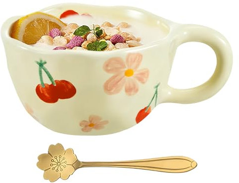 UOCAI 250ml Bonita taza de café de cerámica para té, taza creativa Rosa con cuchara, Kawaii Flores taza hecha a mano, Cerezas tazas estéticas para leche, capuchino y cacao