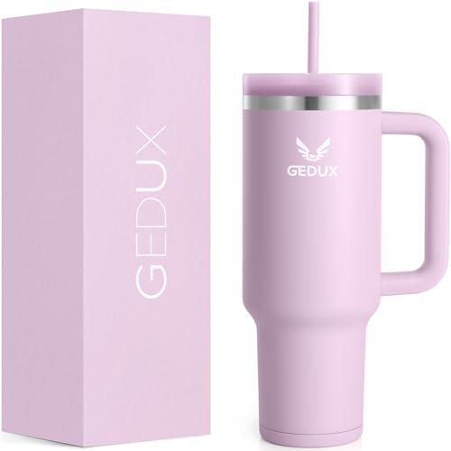 Gedux Trinkflasche mit Strohhalm 1.2L - Thermobecher mit Henkel auslaufsicher - Doppelwandige Vakuumisolierung - Thermobecher mit StrohhalmSpritzwassergeschützter Deckel (Lila)