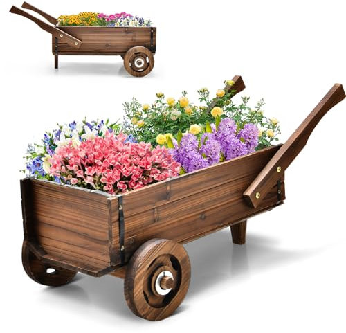 HOMASIS Carriola da Giardino in Legno, Carrello per Piante con Manico e Ruote, Fioriera Rialzata da Esterno con Fori di Drenaggio, Decorazione per Giardino, Balcone, Terrazza (81 x 40 x 38,5 cm)