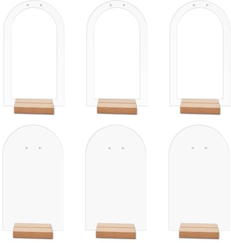 Warmhm 6Pcs Acrylic Earring Display Stands with Wooden Bases Jewelry Retail Holder Arch for Stud and Dangle Earrings Desktop Organizer