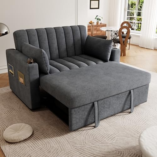 Mrwoo Sofa Cama Plegable Multifuncional de 2 Plazas, Sofá Doble Moderno con Almohada de Ángulo Ajustable, Reposabrazos con Portavasos y Bolsillo Lateral, Algodón y Lino, Color Gris