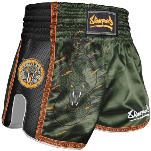 8 WEAPONS Muay Thai Shorts Beastial Viper, Kinder Thaibox Shorts Satin, Schwarz-Khaki, Kickboxhose für Kinder, Größe 4-6 Jahre, Atmungsaktiv, Langlebig, Kampfsporthose MMA, K1, Boxen, Thai Boxen