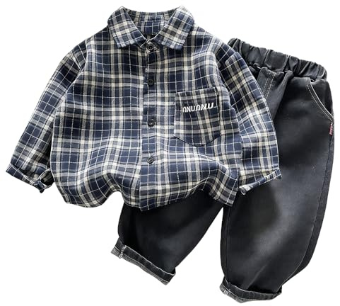 AIBAOLI Spring Autumn Baby Boys' Shirt Set Checkered Collar Shirt+Cowboy Pants 2-piece Set Children's Casual Clothing