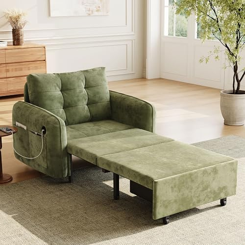 Extra Long Pull Out Sofa Bed, 3-in-1 Sleeper Chair Bed with USB Charging, Storage Pockets and Box, 42.5''Tufted Upholstered Reclining Lounger, Chenille Single Sofa for Living Room Apartment (Green)