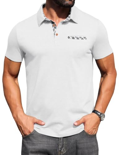 Hisir Mens Polo Shirt Cotton Short Sleeve Contrasting Colors Regular T-Shirt Tops Summer Casual Sports Workwear with Pocket