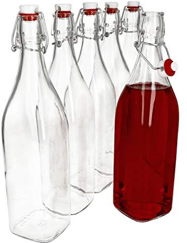 Bormioli Rocco Set di 6 bottiglie di vetro serie Swing con chiusura a leva, 1,00 litri