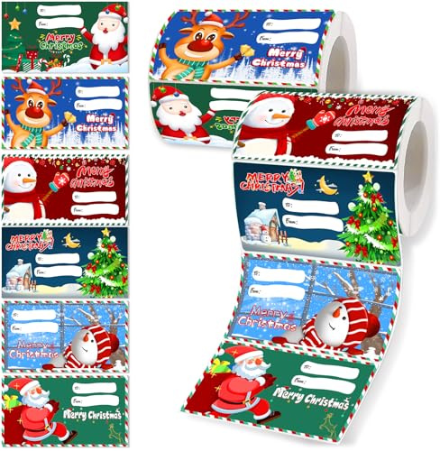 Famoby 2 Packs (Total:600pcs,300pcs/pack) Christmas Labels Gift Stickers Christmas Wrapping Paper for Christmas Presents Decoration Christmas Gifts Bags for Women Men Kids (2.95 x 1.6 inch)