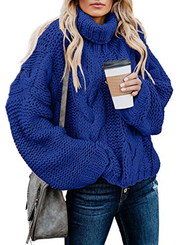 Dokotoo Women Winter Clothes Oversized Turtleneck High Neck Long Sleeve Cable Knit Chunky Sweaters Pullover Outerwear Blue M