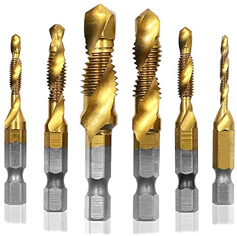 Mesee 6 Pieces HSS Countersink Tap Drill Bits, Titanium Coated Combination Drill & Tap Bit Set Hex Shank Spiral Pointed Taps Drill Bit -Metric Size M3 M4 M5 M6 M8 M10
