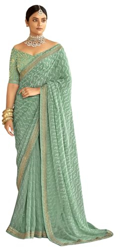 SIRIL Bandhani Sari en georgette en dentelle brodée avec chemisier non cousu pour femme, Vert menthe, 5.5 meters