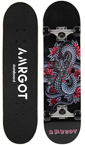 Amrgot Skateboards for Beginners,31 * 8 inches Complete Skateboards for Kids,Boys,Girls and Adults,7 Layer Maple Wood,Double Kick Deck Concave Standard and Tricks Skateboard (Dragon)