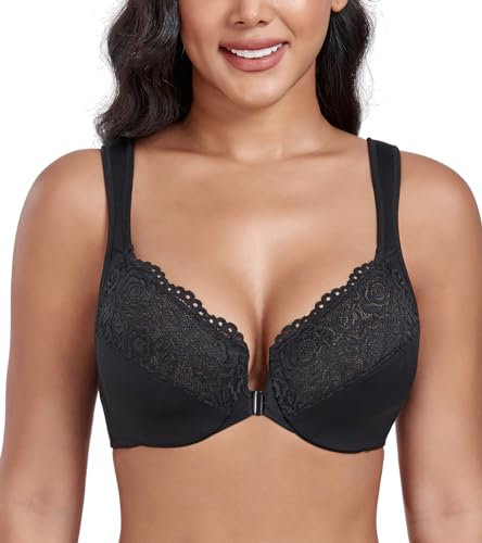 DotVol Women's Front Closure Wide Strap Underwire Bra Lace Plus Size U-Back Unlined Everyday Bra(Black,38F)