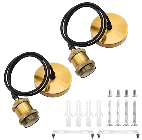 HOMEJOY 2 Pcs Ceiling Pendant Light Fitting E27 Rose Screw Lamp Holder Vintage Ceiling Rose Lamp Suspended with 100cm Braided Flex (Vintage Gold)