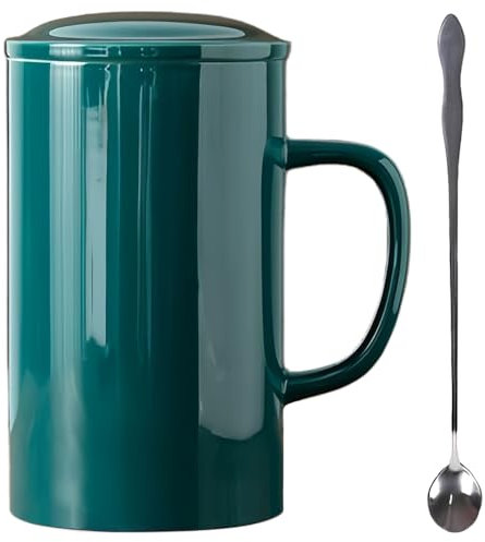 NIUKOMY Extra Large Coffee Cup 900 ml, Jumbo Ceramic Tea Cup with Lid and Spoon, Super Large Cup, Giant Porcelain Mug, XXL Milk Cup, Big Mug for Office and Home, Green