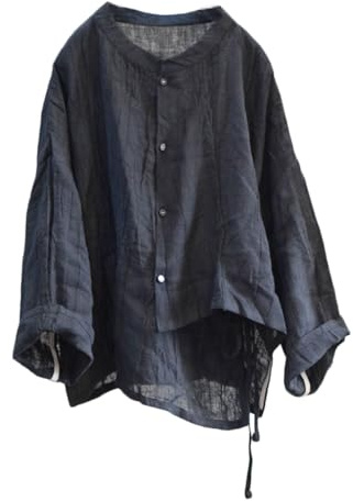 NFYM Blusa asimétrica de lino para mujer, dobladillo irregular, con lazo, cuello alto, con botones, Negro -, Talla única