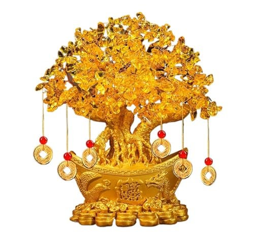 Kristall-Geldbaum Citrin-Kristall-Baum, chinesischer Glücksbaum mit Goldbarren Boden, Feng Shui Dekoration mit Kupfermünze für Reichtum/Glück und Glück Bonsai Fen