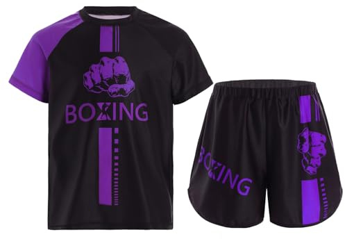 Miutii Jungen Muay Thai Short Kickboxen Kurze Hose + T-Shirt Kinder Boxing Kleidung Kampfsport MMA Thai Trainingsanzug A Lila 134-140