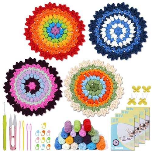 Set med virkade blommor underlägg, virkad underlägg set – set med stickningsunderlägg, Coaster virkning start-kit komplett virkningssats lätt att lära sig med virkgarn