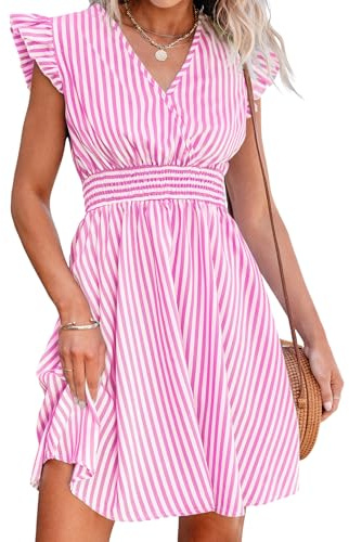 CUPSHE Femme Robe Courte Été Rayée Col V Manches Volantées Taille Smockée Robe de Plage Fluide A Ligne Chic Décontractée Soirée Cocktail Rose Rayé S