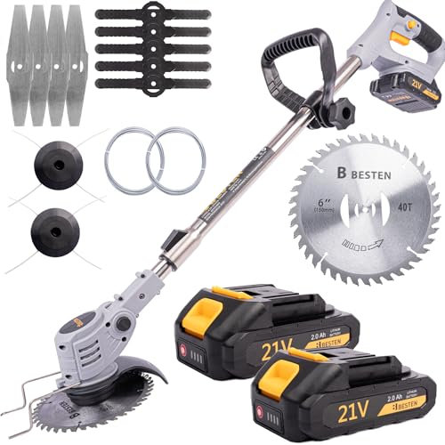 BESTEN Akku Rasentrimmer Elektrische Sense Rasenschneider, 2x Akku + Klinge und Schnur Set