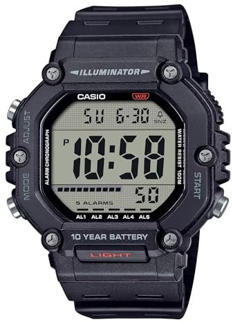 Casio Men's Watch AE-1600H-1AV – Resin, Water Resistant 10 Bar, Large LCD, Stopwatch, Alarm, LED Light, Black/White, strip