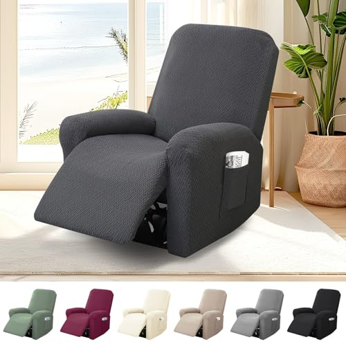 Bocguy 1-Sitzer Sessel Überzug, Sesselbezuge Stretch mit Taschen, 4-Teilig All-Inclusive Streifen-Jacquard Sesselschoner für Fernsehsessel Relaxsessel Sesselhusse