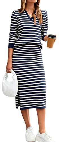 Glamaker Womens 2 Piece Skirt Sets Striped Sweater Dress Casual Polo Neck Knit Long Sleeve Midi Dresses Fall Fashion Outfits Navy White M