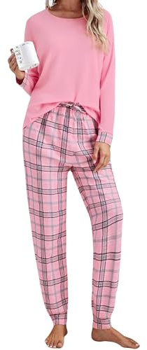 Litherday Pijama Mujer Invierno Algodón Suave y Cómodo Camiseta de Manga Larga y Pantalón Largo de Cuadros Ropa de Dormir con Cintura Elástica y Bolsillos