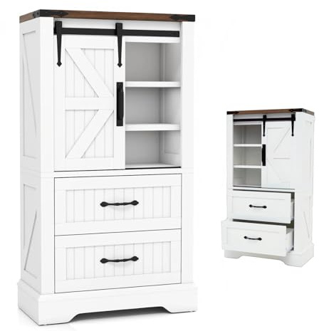 KOMFOTTEU Badezimmerschrank mit Schiebetür & 2 Schubladen, Badschrank mit verstellbaren Regalen, Hochschrank mit Kippschutz, für Wohnzimmer, Schlafzimmer, 59 x 29 x 105 cm, Weiß