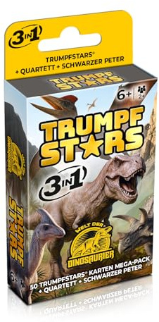 Trumpfstars Monde des dinosaures - Jeu de cartes 3 en 1 - 50 cartes à jouer avec de vrais faits sur le dinosaure - Jeu d'atouts, Quartet et Pierre Noire - Jeu éducatif à partir de 6 ans - Durable et