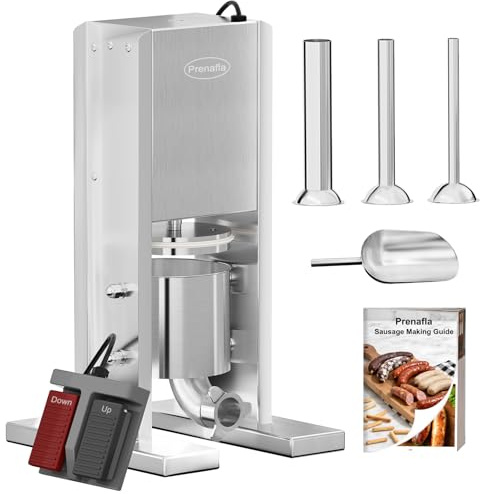 Prenafla Sausage Stuffer, 4Lbs/2L Electric Sausage Machine, Double Foot Pedal Sausage Maker, 304 Stainless Steel Sausage Press with 3 Stuffing Tubes & Sausage Recipe, Silver
