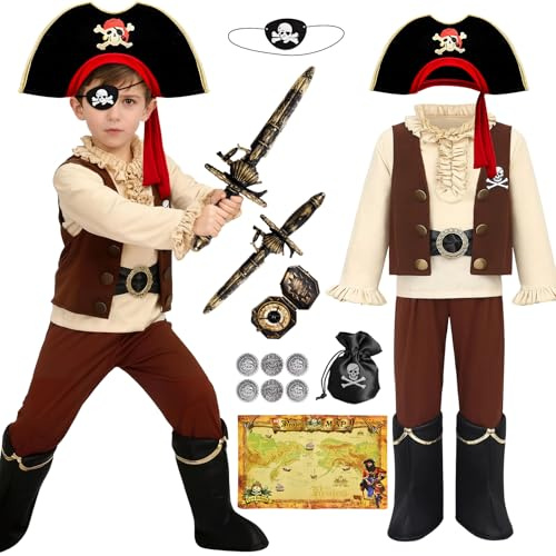 Mishopy Deguisement Pirate Enfant Costume Pirate Garçon avec Chapeau, Ceinture, Cache-Oeil, Carte, Accessoires et Jouets de Pirates, Kit Déguisement pour Carnaval Halloween