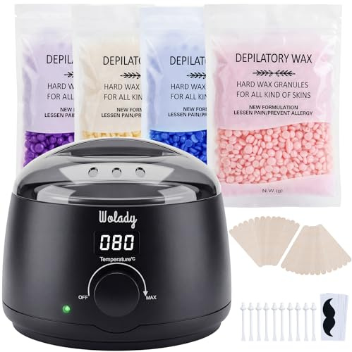 Wolady Riscaldatore di cera depilatoria scaldabagno elettrico professionale display di controllo digitale 500ml 4 pacchetti di cera grana 30 bastoncini legno fatti in casa spa viso braccia ascelle