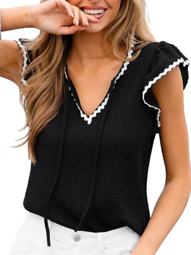 CUPSHE Women Tops Ruffle Sleeve V-Neck Summer Casual Textured Blouse Contrast Scalloped Trim Tie Knot Cap Sleeve T-Shirts Holiday